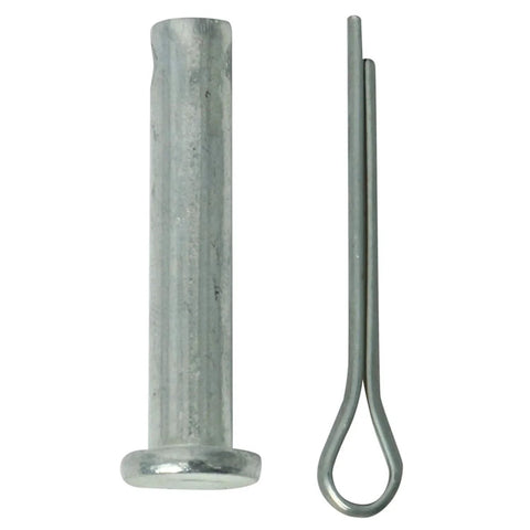 Metal pin and split ring set on white background, typically used for securing heavy duty steel mounting brackets for linear actuators.