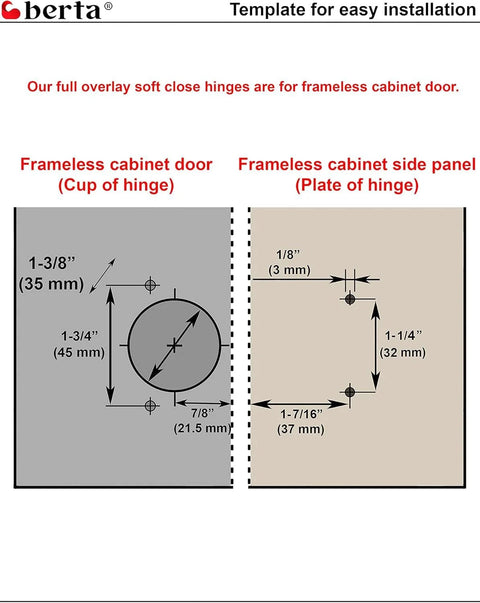 Berta 2-pack frameless cabinet hinge template showing cup-of-hinge door layout and plate-of-hinge side panel measurements.