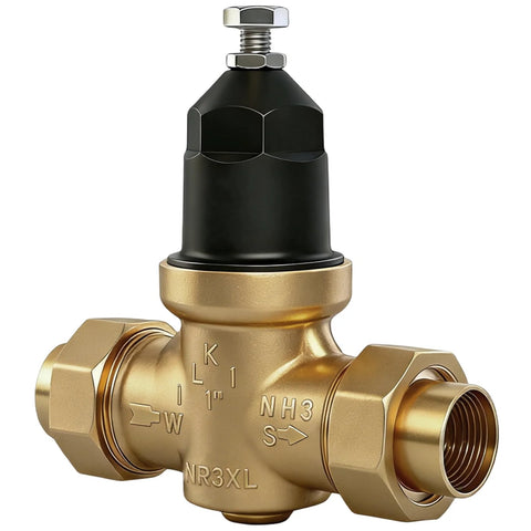1-inch NR3XLDU water pressure reducing valve, brass body with double union FNPT connections for home and commercial use