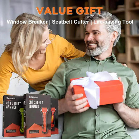 Man holding gift with Must Have Emergency Car Safety Hammer Set Of 2 In 1 Window Breaker And Seat Belt Cutter in background