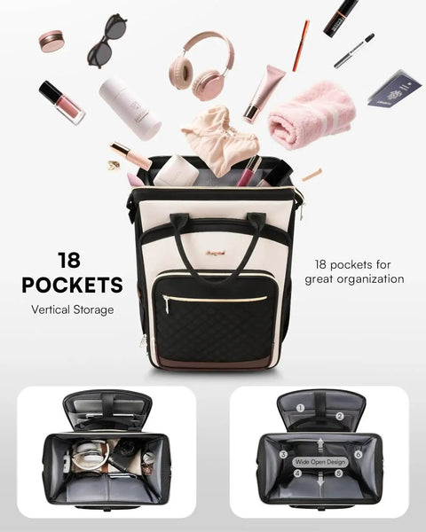 Sleek Rolling Laptop Backpack For Women With Wheels, 2 In 1 Vertical And Horizontal Storage, multiple compartments, beige brown