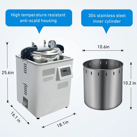 WEST TUNE autoclave sterilizer, 18L steam unit with LED display, white housing, 304 stainless steel inner cylinder.