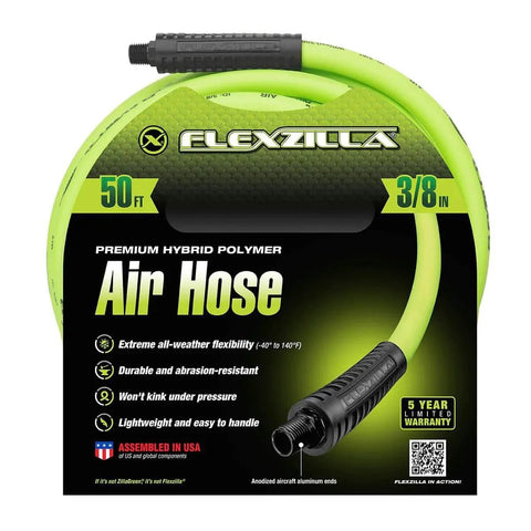 ZillaGreen Air Hose Three Eighth Inch By Fifty Feet With Quarter Inch MNPT Fittings heavy-duty lightweight hybrid polymer flexible