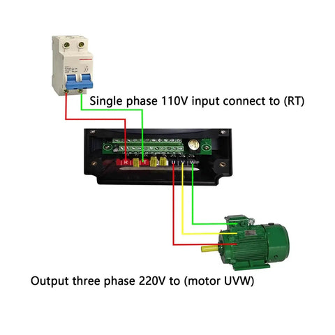 Diagram showing 1.5KW VFD Variable Frequency Drive connections from 110V single-phase input to 220V three-phase output for CNC spindle motor.