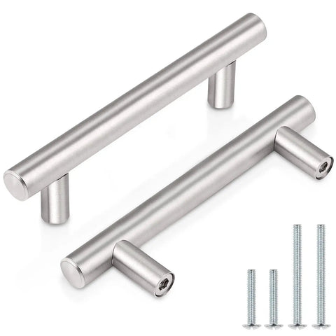 30 Pack 3 Inch Hole Centers Kitchen Cabinet Handles Euro T Bar Pulls in brushed nickel stainless steel with screws
