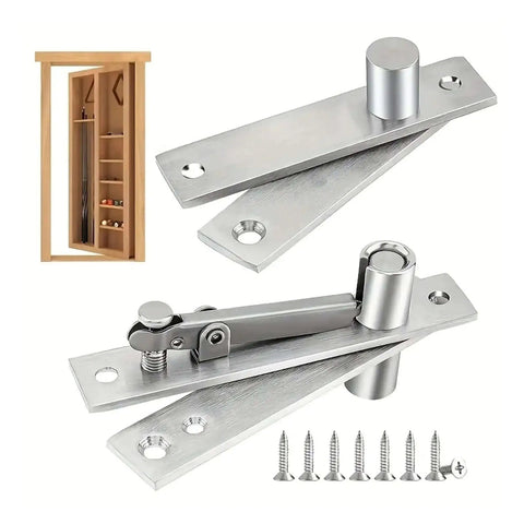 Hidden Door Hinge 360 Degree Pivot Heavy Duty Stainless Steel for Secret Doors with mounting screws and cabinet view