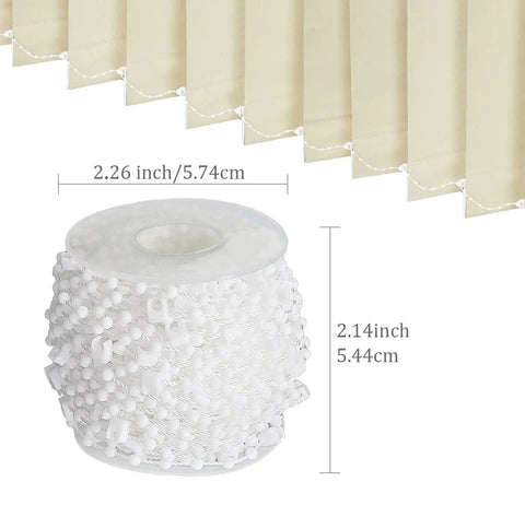 Vertical Blind Bottom Chain Kit 20 Meters With 200 Clips And 5 Plastic Chain Connectors For 3.5 Inch Slats 89 Mm DIY Replacement Durable Beaded Chain Easy Home Installation For Homes And Offices, showing white beaded chain and blind slats measurement.