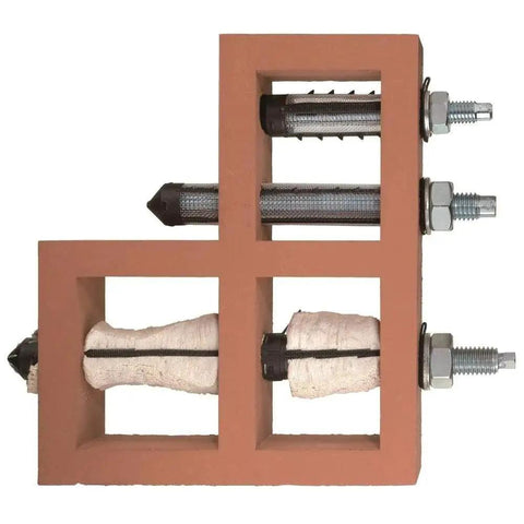 Side view of Hilti HAS E 1 Inch By 14 Inch Anchor Rods 2 Pack With Chisel Tip For HVU System installed in perforated brick wall