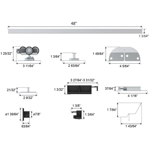 Diagram of 48 Inch Bifold Door Hardware Kit For Four 12 Inch Panels, top-mounted folding barn door track system with 3 wheel hangers.