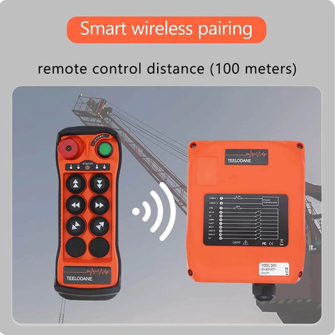 Industrial Wireless Crane Remote Control Kit With Six Buttons for Electric Hoist, showing remote and receiver with crane backdrop