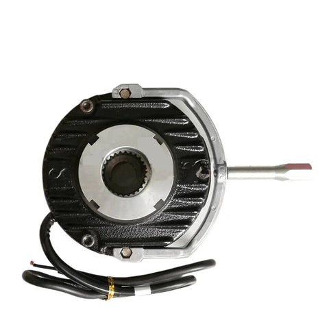Electromagnetic brake with 11mm/15mm shaft, black housing, silver center hub, and wiring leads.