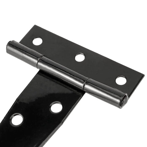 Close-up of a black T-strap hinge, part of a 20 Pack 4 Inch Black T Strap Hinges Bulk Heavy Duty Iron Barn Door Hinges With Screws.
