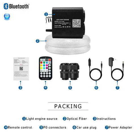 Package contents for 20W Dual Head Fiber Optic Lights Kit With RGBW Twinkle Heads, including remote, optical fibers, and power adapter.