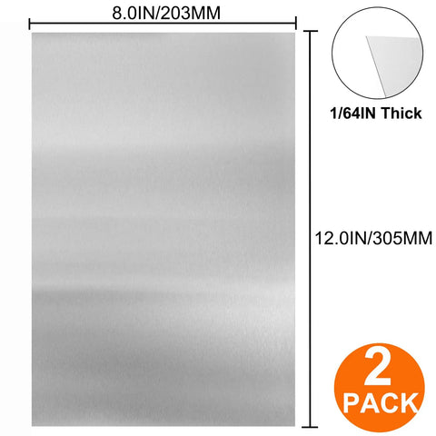 2 Pcs 304 Stainless Steel Sheets 8 Inch By 12 Inch 0.5mm Thick 24 Gauge Shim Stock Plates For DIY Crafting Stovetop Projects And Snow Frosted Surface Durable Corrosion Resistant shown with dimensions.