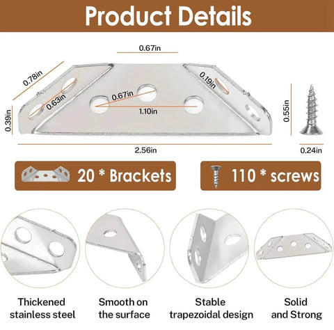 Product details showing Furniture Corner Connector - 20PCS Universal Stainless Steel L Brackets for Wood, includes 110 screws