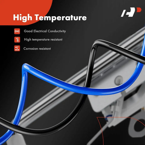 Close-up of blue and black high-temperature resistant cables with text highlighting electrical conductivity and corrosion resistance.