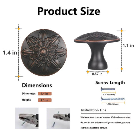 Oil Rubbed Bronze Cabinet Knobs Set 10 Pack One Point Four Inch Round Floral Design product size and dimensions guide