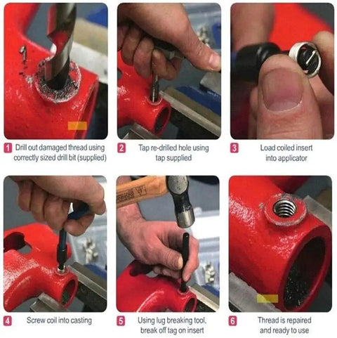 14 Piece M14 X 1.5 Thread Repair Kit With High Speed Steel Inserts And Red Handle in use on red metal showing repair steps