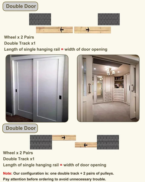 Heavy Duty Sliding Barn Door Hardware Kit For Two Bypass Doors 106 Inch Track With Four Nylon Roller Wheels Stainless Steel Pulley System Adjustable Double Pocket Door Kit Supports Up To 450 Lbs shown in living room setting with installed doors.