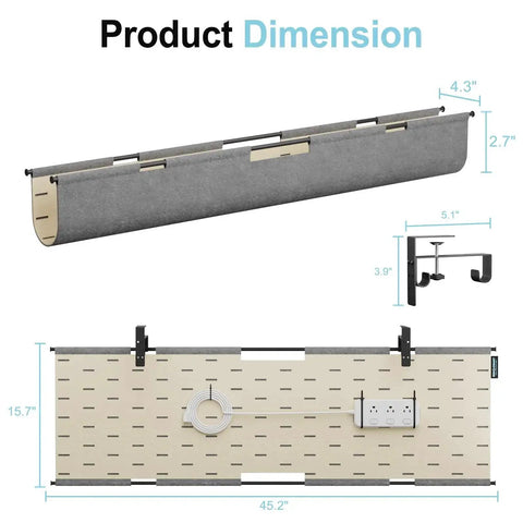 Product dimensions of the 2 In 1 Under Desk Cable Management Tray And Privacy Panel With Dual Sided Felt Cord Organizer in gray khaki.