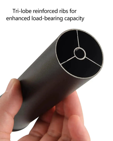 Close-up of 4 Pack 6 Inch Metal Cylinder Furniture Legs With M8 Screws Black Finish showing tri-lobe reinforced structure.