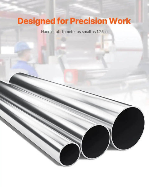 Metal tubes beside text highlighting precision work capability of Beefy Slip Roll Metal Forming Machine 12.6 Inch With Detachable Rollers