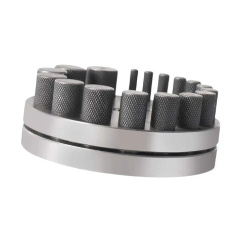 Side view of Circular Disc Cutter Set With Pendant Punch Tool And 17 Dies for Metal Forming, Premium High Carbon Steel.