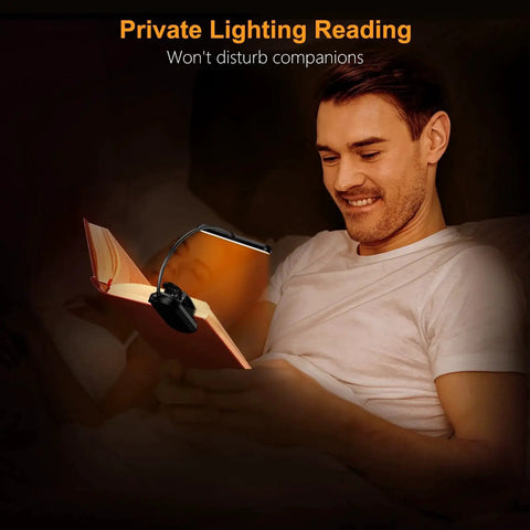 Man reading with Rechargeable Clip On Book Light With 19 LEDs 3 Color Temps 5 Levels Memory attached to book, in dark room