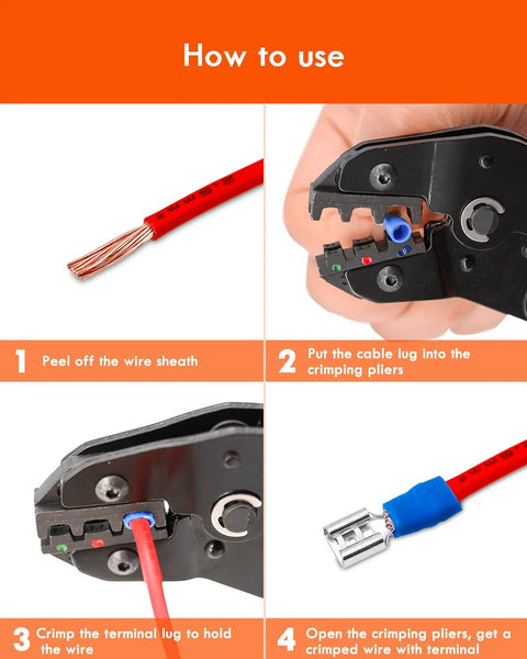 Gorffy 300PCS insulated wire connector kit with spade terminals; four-step crimping and wiring demo.