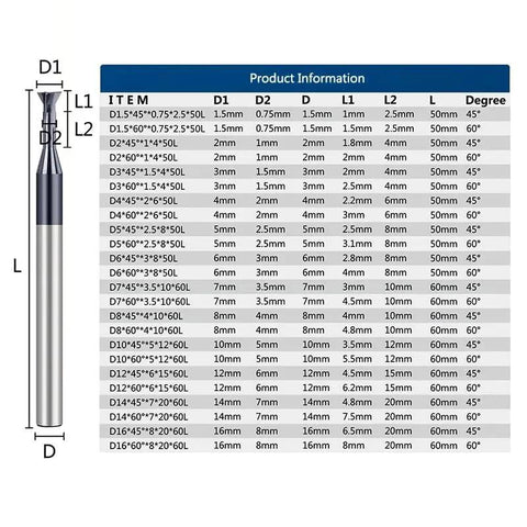 Dovetail Milling Cutter 45 Degree And 60 Degree T Slotting Milling Bit Carbide End Mill with size chart for precision machining.