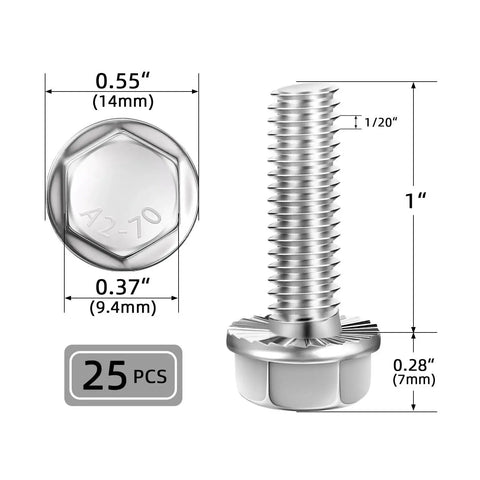 Heavy Duty 1/4-20 X 1 Inch Flanged Hex Head Bolts Set Of 25, Stainless Steel 304, Full Thread, with dimensions, silver color