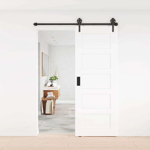 Interior view with white door using Black Antique Sliding Barn Door Roller Kit With Floor Guide And Door Stoppers Screws And Anti Jump Block Heavy Duty Hangers For 30 To 48 Inch Wide Doors 230 Pound Capacity J Shape Bent Design