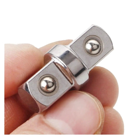 Close-up of DHAEY SeroNi 3/8-inch socket sleeve adapter with double square drive ends, chrome metal