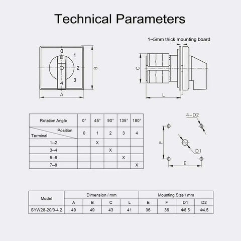Technical parameters for Heavy Duty Changeover Switch SYW28 20 With Five Positions And Eight Terminals Universal Rotary Cam Selector