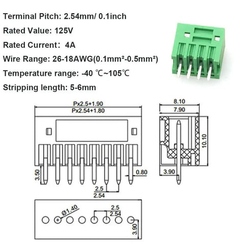 Diagram and image of a 4 Pin Screw Terminal Block Connector With 2.54mm Pitch For PCB Mount, 125V 4A Rating, plug-in, no soldering required