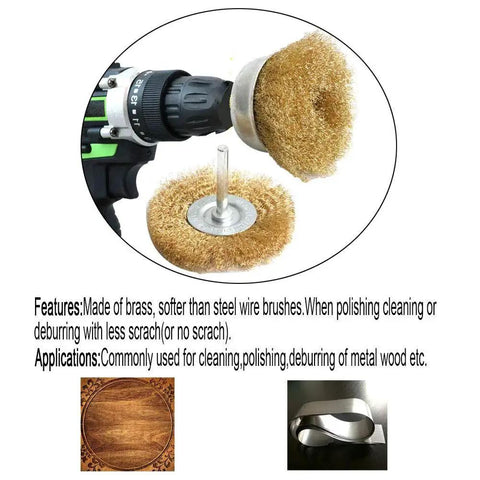 Brass Wire Wheel Brush Kit For Drill 5 Pc With One Quarter Inch Shank 0.13mm True Brass Wire Crimped Cup Brushes