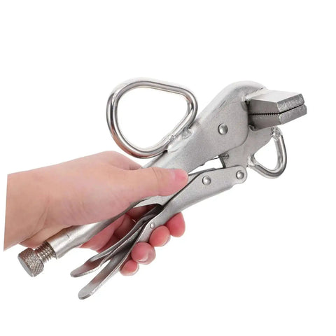 Heavy Duty Pulling Pliers Clamp For Auto Body Sheet Metal Repair, shown being held, highlighting its locking mechanism and steel construction.