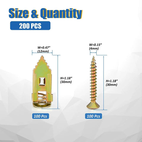 Self Drilling Drywall Anchors With Screws Kit 200 Pcs Heavy Duty Metal Expansion Anchors For Sheetrock No Drill Needed 80 Lb Rating 2026 Upgraded Anti Strip Design Diamond Tip Easy Fast Install, showing anchor and screw dimensions.