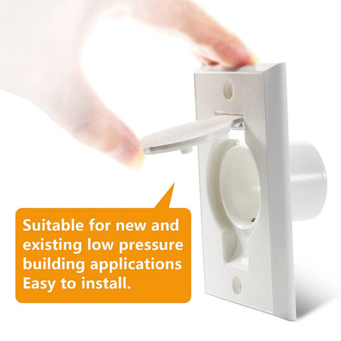 White central vacuum wall plate inlet cover with a round door being opened by a hand (2-pack)