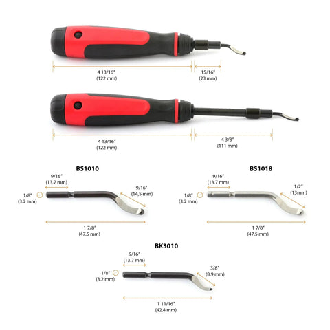 Extendable Neck Deburring Tool With Swivel Head And 4 Blades For Metal Plastic PVC Copper Resin And 3D Printed Edges Long Reach Up To 2 Inches Pro Grade Burr Removal For Plumbing And 3D Printing shown with dimensions and interchangeable blades