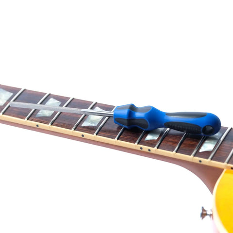 Diamond Coated Guitar Fret End Dressing E File for Fret Sprout and Sharp Ends Deburring Smoothing and Rounding Luthier and Tech Tool for Precision Setup and Quick Fixes by MusicNomad shown on guitar neck with blue handle.