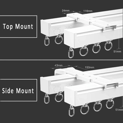 Top and side mount views of heavy duty double curtain rail with thick aluminum alloy track for ceiling or wall installation