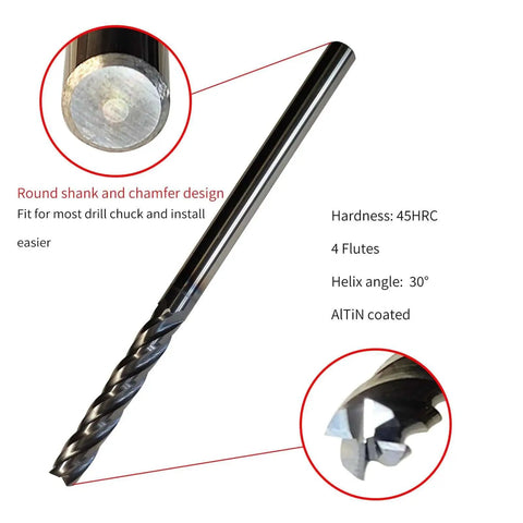 Extra Long 0.25 Inch Carbide End Mill Pro Grade For Heavy Duty Milling, 4 Flute Solid Carbide Square End Mill With AlTiN Coating, details view