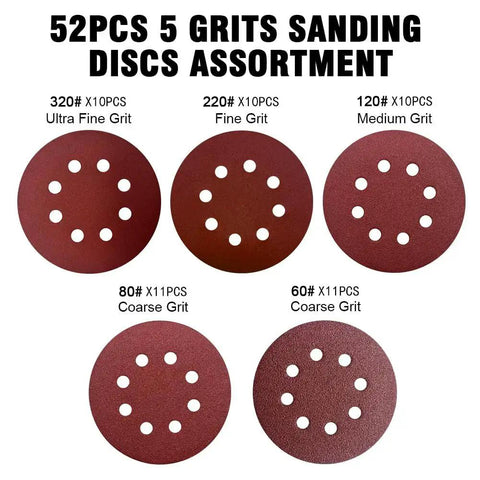 Five Inch 8 Hole Hook And Loop Sanding Discs Mixed Grits For Orbital Sander 52pcs assortment with various grit levels