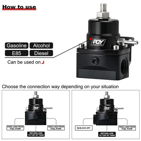 PQY adjustable EFI fuel pressure regulator kit, black, with AN8 feed port and AN6 return port; FOY Performance label.