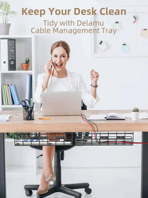 2 Pack Under Desk Cable Management Trays Large Sturdy Metal Cord Organizer For Office And Home shown under desk with cords neatly stored