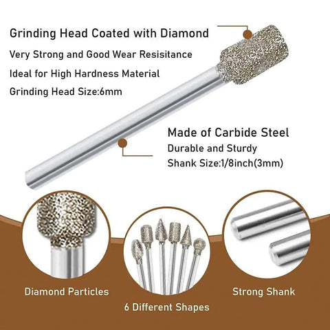 Pro Grade Diamond Burrs For Stone Carving And Engraving, 1/8 inch shank, six shapes, high speed steel coated, product view