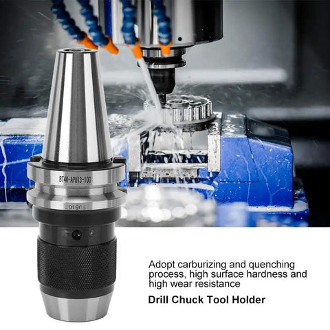 Built To Last Beefy BT40 APU13 100 Drill Chuck Tool Holder for CNC Milling Machines in operation with carbide and quenched steel core.