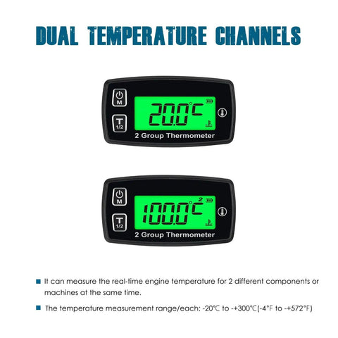 Dual Channel Engine Temperature Gauge With Backlit LCD And Overheat Alerts showing dual green digital displays