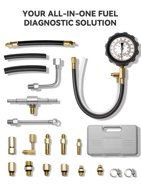 Fuel Pressure Tester Kit 0 To 140 PSI With Adapters For Cars Trucks ATVs Gauge with components displayed